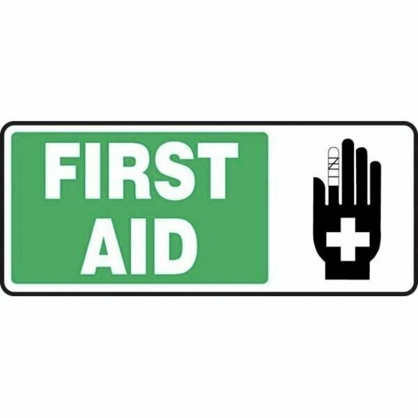 Accuform First Aid Sign, Legend FIRST AID EQUIPMENT, 6 mil Adhesive DuraVinyl, 7 in Height, 17 in Width MFSD583XV